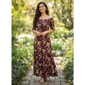 Natural Life Maxi Dress Boho Marsala Red Floral Sz L/Xl